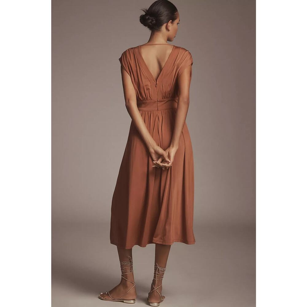 New Anthropologie V-Neck A-Line Midi Dress JERSEY $168 X-SMALL Honey - Picture 3 of 4